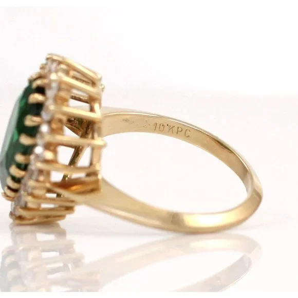 Solid 10K Yellow Gold Pear Cut Green Spinel Clear Round CZ Halo Cocktail Ring 6